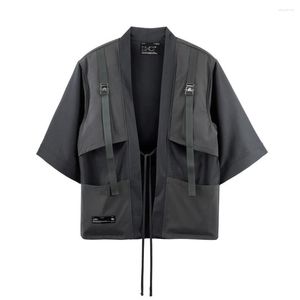 CPYOUNG Herenjas Zwart Werkkleding Lint Metalen gesp Zak Korte mouw Overhemd Buitenste stropdas Punkstijl Kimono voor mannen