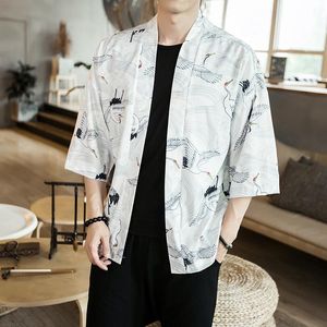 Herenjacks kranen Gedrukt Zomer Casual Hip Hop Harajuku Dun Cardigan Outwear Coat Mens Kimono Chinese kleren losse streetwear