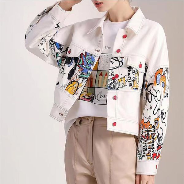 Chaquetas para hombres Diseño creativo Dibujos animados Graffiti Chaqueta de mezclilla blanca Mujeres 2023 Primavera Otoño Veste Femme Streetwear Casual Short Jean 230914