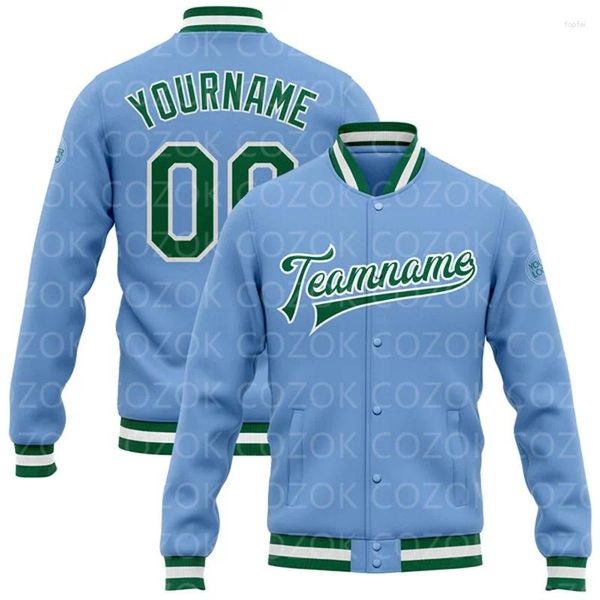 Vestes pour hommes Custom Blue Green Light 3D Imprimé Bouton de baseball Veste Bomber Full-Snap Varsity Letterman