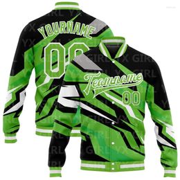 Vestes pour hommes Custom Neon Vert Noir-Gris Modèle 3D Design Bomber Full-Snap Varsity Letterman Jacket Bouton de baseball