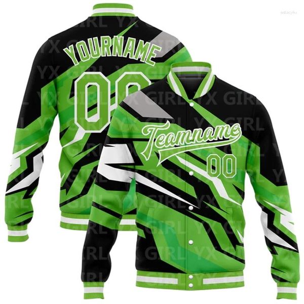 Chaquetas para hombres Custom Neon Verde Negro-Gris Diseño de patrón 3D Bomber Full-Snap Varsity Letterman Chaqueta Botón de béisbol