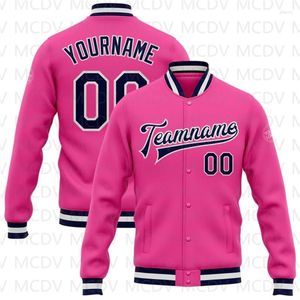 Chaquetas de hombre Chaqueta tipo bomber personalizada, color rosa, azul marino y blanco, estilo universitario con broche completo