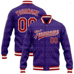 Chaquetas de hombre Color púrpura personalizado 3D impreso béisbol botón chaqueta bombardero Full-Snap Varsity Letterman