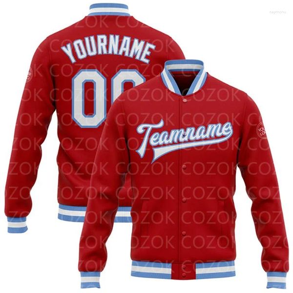 Vestes pour hommes Custom Red Blue Couleur 3D Imprimé Bouton de baseball Veste Bomber Full-Snap Varsity Letterman