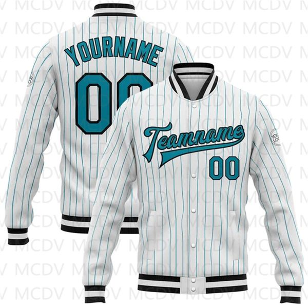 Vestes pour hommes Custom White Teal Pinstripe Teal-Black Bomber Full-Snap Varsity Letterman Jacket Baseball Button Jacket 230728