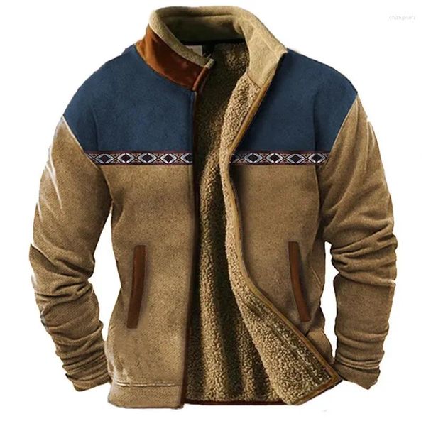 Chaquetas para hombres Chaqueta y abrigos vintage diarios con cremallera Cepillado Cálido Softshell Outerwear Stand Collar Patchwork para hombres Otoño