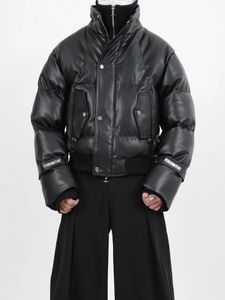 Vestes pour hommes Dark Avant-Garde Style Vêtements PU Cuir Bright Face Pull Patchwork Coton Rembourré Veste Épaissi Hommes