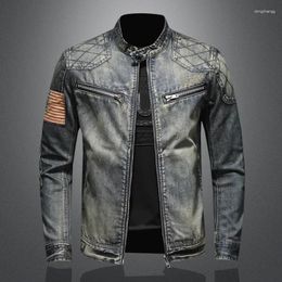 Chaquetas para hombres Chaqueta de mezclilla Bandera americana Primavera y otoño Cuello alto personalizado Cremallera Biker Top