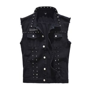 Herenjacks denim vest punk rock klinknagel cowboy zwarte jeans waistcoat mode motorfiets stijl mouwloze jas m-5xl 221201