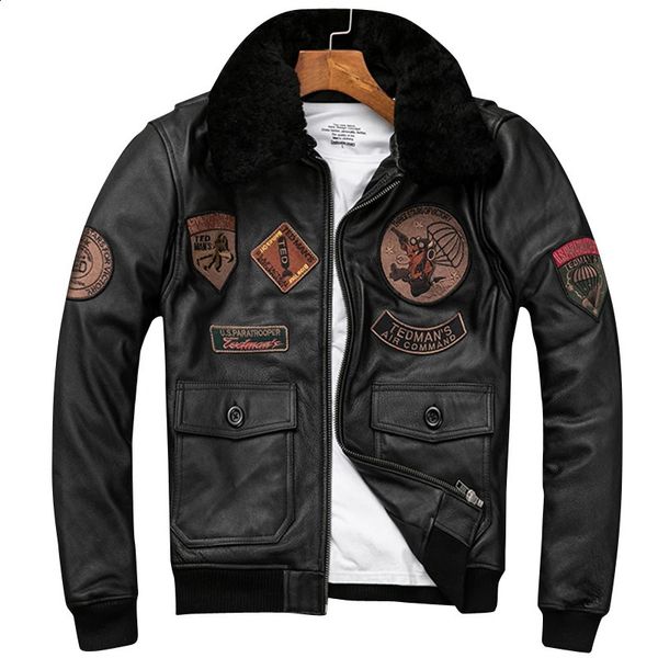 Chaquetas para hombres Cuello de piel natural desmontable Cuero de vaca genuino Hombres Chaqueta de cuero Parches Vuelo Fuerza Aérea Piloto Abrigo Invierno Bomber 231116