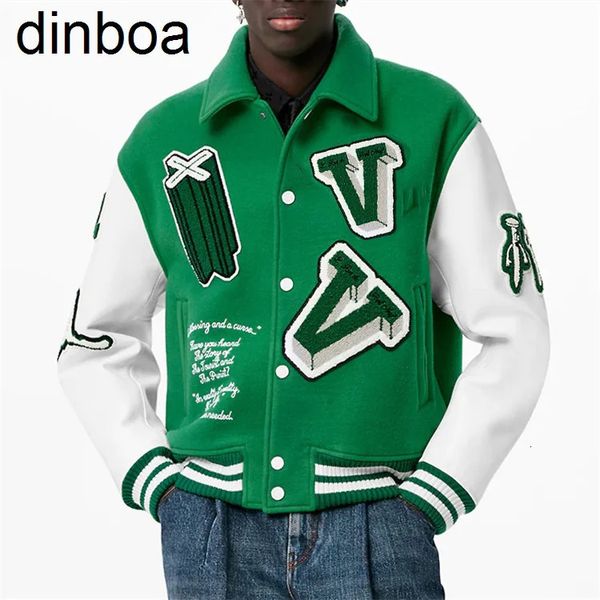 Chaquetas para hombres Dinboa Oem Cadena personalizada Chenille Parche Bordado Manga de cuero Vintage Béisbol Letterman Varsity Chaqueta para hombres 231031