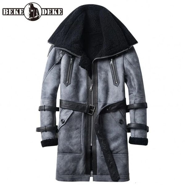 Chaquetas para hombres Cuello doble Abrigo de piel de oveja Hombres Invierno Fajas cálidas Abrigo de piel real Streetwear Cremallera Medio Largo Biker Oversize 4XL 231108