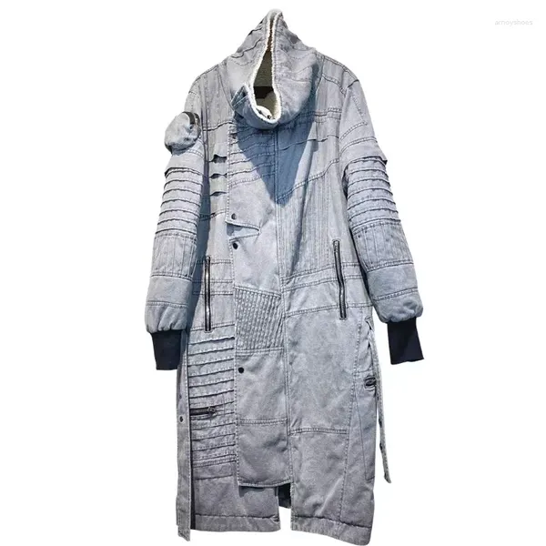 Vestes pour hommes Dune style de sol de déchets asymétrique en détresse cheveux d'agneau long pardessus veste irrégulière patchwork laine épais manteau parka