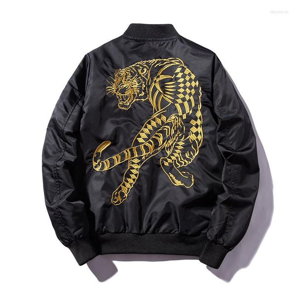 Chaquetas de Hombre bordadas con patrón de tigre dorado, bombardero de gran tamaño con cremallera, calidad de otoño, cuello levantado, Chaquetas de lujo a la moda para Hombre