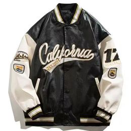 Chaquetas para hombre, chaqueta de béisbol de piloto bordada, ropa informal estilo Hip-Hop para hombre, chaqueta Bomber Varsity de cuero PU, abrigos sueltos Harajuku para mujer 230531