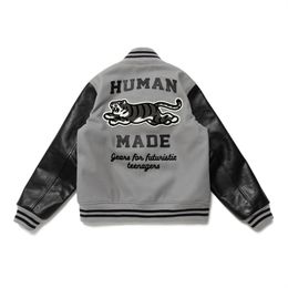 Giacche da uomo Ricamo Tiger HUMAN MADE Baseball Uomo Donna Maniche in pelle Bomb Giacca Outwear Cappotto palestra 230825