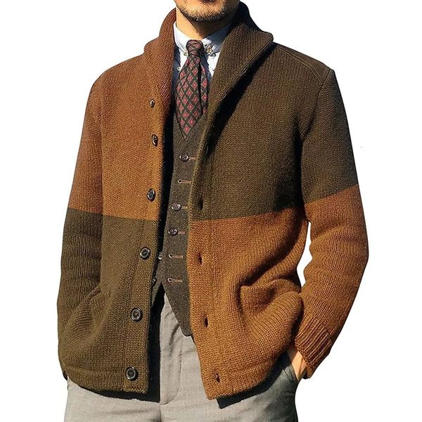 Vestes pour hommes Angleterre Style Pull en tricot Mâle Couleur Bloc Cardigan Revers Manteau à simple boutonnage Pulls en tricot Vêtements 231114