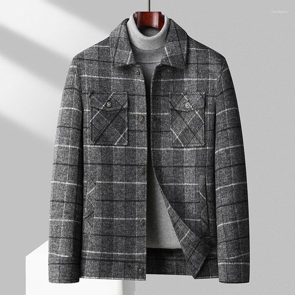 Chaquetas para hombres Estilo de Inglaterra Hombres Elegante Gris Blanco Plaid Cashmere Mezcla Abrigos Turn Down Collar Single Breasted Woolen Tweed Trajes