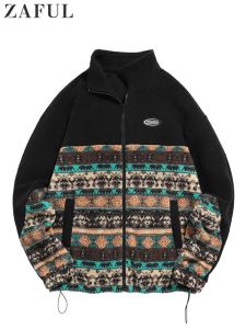 Men s jassen etnische stijl geometrische patroon lagen ritsvlieg Fluffy Shacket streetwear fuzzy topcoats voor herfst winter