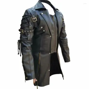 Vestes masculines Eu taille des hommes décontractés steampunk gothicothique trench en cuir marron manteau coloride solide veste