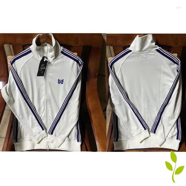 Chaquetas para hombres Moda Casual Agujas Chaqueta Mariposa Bordada Lado Rayado Imagen real Abrigos blancos Hombres y mujeres Baggy Solapa Cremallera