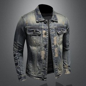 Heren Jackets Fashion Denim Jacket Vintage Men Biker Motorfiets Slim Fit noodlijdende borduurwerk Casual jeans jas drop