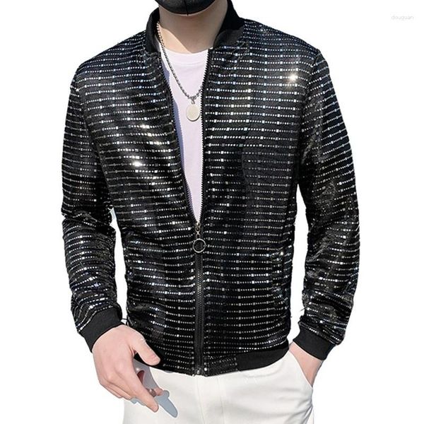 Vestes pour hommes Mode Hip Hop Glitter Paillettes Mince Stretch Manteau d'extérieur Stage Moto Slim Fit Veste d'été pour hommes