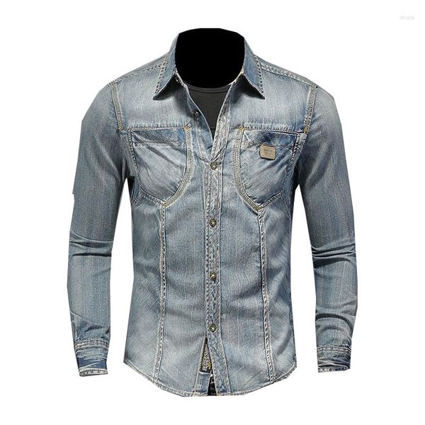 Vestes pour hommes Mode Revers à manches longues Denim Chemise Rétro Slim Bleu Style Moto Streetwear Loisirs Manteau mince