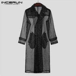 Heren Jackets Fashion Men Mesh Trench Transparant Streetwear Lange Mouw Double Breasted Coats Chic Thin Outerwear Incerun S-5XL 220920