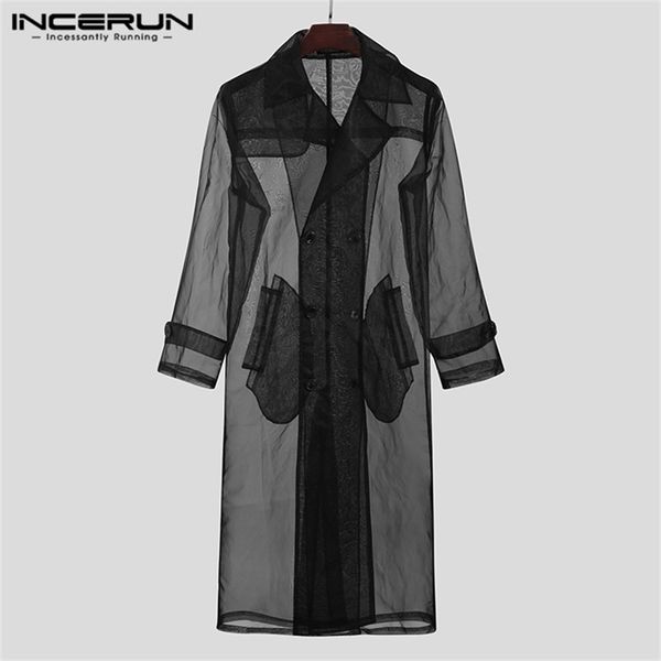 Vestes pour hommes Mode Hommes Mesh Trench Transparent Streetwear À Manches Longues Double Boutonnage Manteaux Chic Mince Vêtements D'extérieur Incerun S-5XL 220920