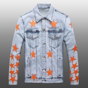 Heren Jackets Fashion Men's Jacket Leather Star Pattern Jacket voor mannen gescheurde denim jassen Biker Bomber Jacket Men Denim Jacket 230823