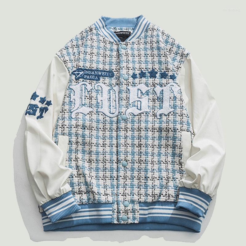 Men's Jackets Fashion Weave Plaid Patchwork Baseball Mens Hip Hop Harajuku Letter Embroidery Casual Varsity Bomber Jacket Unisex Coats