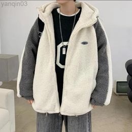 Herenjacks mode breed polair fleece voor mannen herfst winter warme lamb wollen jas patchwork losse bovenkleding mannelijk 2021 l220830