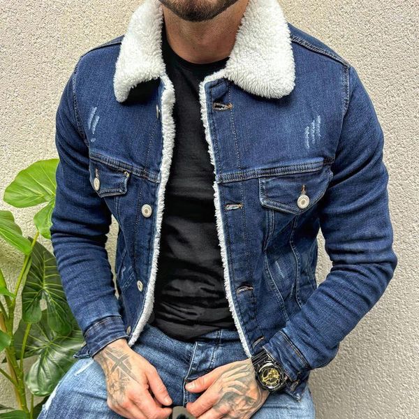 Chaquetas para hombres Moda Invierno Manga larga Sólido Denim Abrigo 2024 Estilo Solapa Collar Lana Outwear Hombres Ropa Moto Masculino Slim Jeans