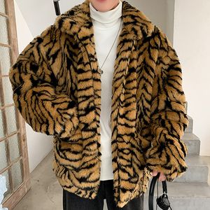 Vestes pour hommes Manteau en fausse fourrure pour hommes col rabattu tigre léopard imiter veste de fourrure épais hiver chaud peluche peluche pull ample vêtements d'extérieur 230919