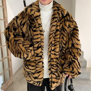 Chaquetas para hombre Abrigo de piel sintética para hombre Cuello vuelto Tigre Leopardo Imitar chaqueta Grueso Invierno Cálido Fluffy Felpa Suelta Jumper Outwear 220924