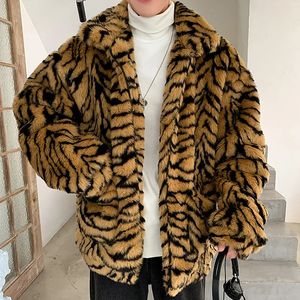 Vestes pour hommes Manteau en fausse fourrure pour hommes col rabattu tigre léopard imiter veste épaisse hiver chaud peluche peluche pull ample vêtements d'extérieur 231121