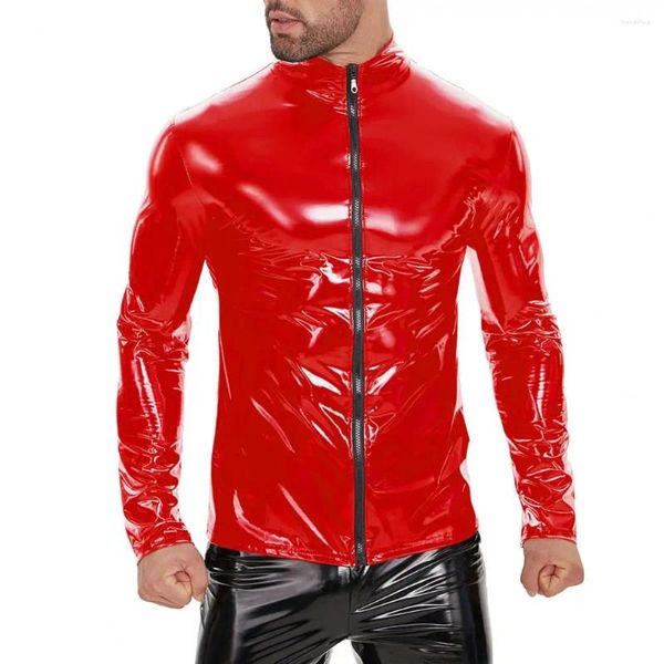 Chaquetas para hombres Chaqueta de cuero de imitación Hombres brillante Color sólido Soporte Cuello Cremallera Media Longitud Fiesta Discoteca Rendimiento Motocicleta