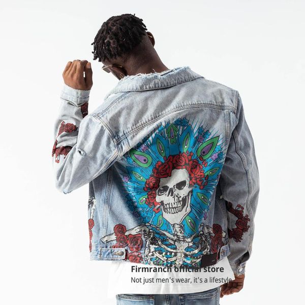 Chaquetas de hombre Firmranch High Qualtiy Skull Rose Print Jacket Blue Denim Coat Street Fashion Chaqueta para hombres / mujeres Jean prendas de vestir exteriores