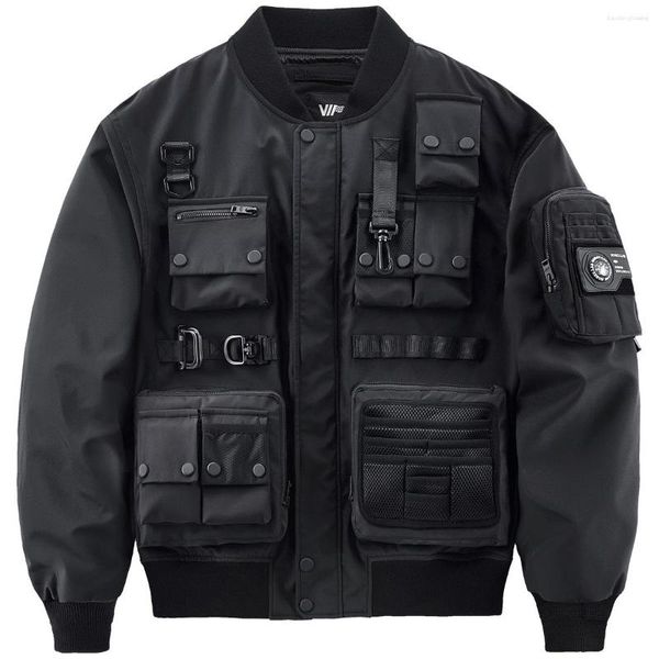 Chaquetas para hombres Chaqueta de vuelo Botón Cinta Bolsillos Al aire libre Militar S Moda Techwear Abrigo Hip Hop Cargo Punk