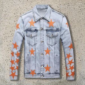 Herenjassen Full Stitching Leather Star Pattern Jacket For Men Hole Denim Biker Chaqueta Hombre Contrasterende kleuren