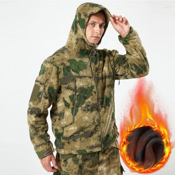 Chaquetas para hombre con cremallera completa, chaqueta táctica de camuflaje de lana verde, abrigos de trabajo térmicos y cálidos, bolsillos para hombre, ropa de senderismo para Safari, cortavientos