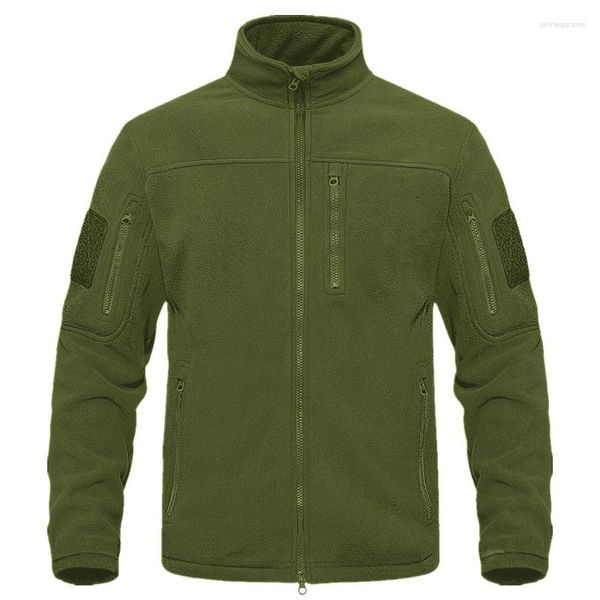 Chaquetas para hombre con cremallera completa, chaqueta táctica de lana verde, abrigos de trabajo térmicos y cálidos, bolsillos para hombre, prendas de vestir para senderismo, cortavientos