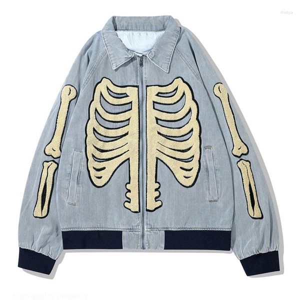 Vestes pour hommes Furry Bone Varsity Denim Skeleton Flocage Zipper Baseball Jeans Veste Hommes Automne Qualité Harajuku Bomber Manteaux 2023