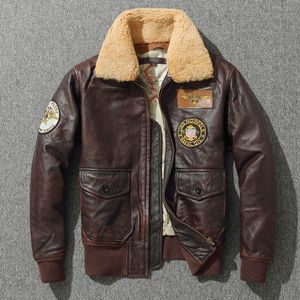 Vestes pour hommes G1 Veste en cuir de pilote épais pour hommes Vintage Brown Manteau lâche Collier de laine Veste de bombardier militaire classique 100% peau de vache naturelle 230810