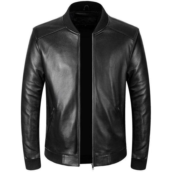 Chaquetas de los hombres Chaqueta de béisbol casual de cuero genuino para hombre Hombres Abrigo de piel de oveja real Pure Black Stand Collar Primavera y otoño Short SlimMen's