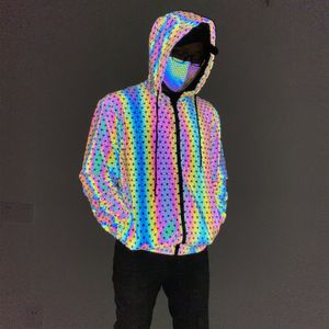 Chaquetas para Hombre Patrón Geométrico Chaqueta Reflectante Deslumbrante Abrigo Luminoso de Arco Iris Transpirable de Punto Europeo y Americano para Hombre