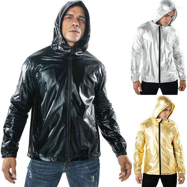 Chaquetas para hombres Dorado Negro Brillante Abrigo con capucha Hombres Cremallera Deportes Chaqueta al aire libre Ropa exterior Boy Casual Manga larga Top Reflectante de gran tamaño