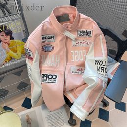 Herenjacks Gmiixder Motorfiets Leather Lederen Unisex High Street Hiphop Pink Bomber American Vibe Workwear Letter Baseball Uniform 230511